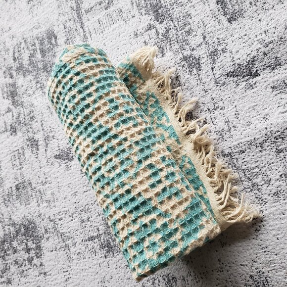 Cream + Blue Waffle Weave Badgley Mishka Kitchen Tea Towel or Serving Cloth - Picture 3 of 9